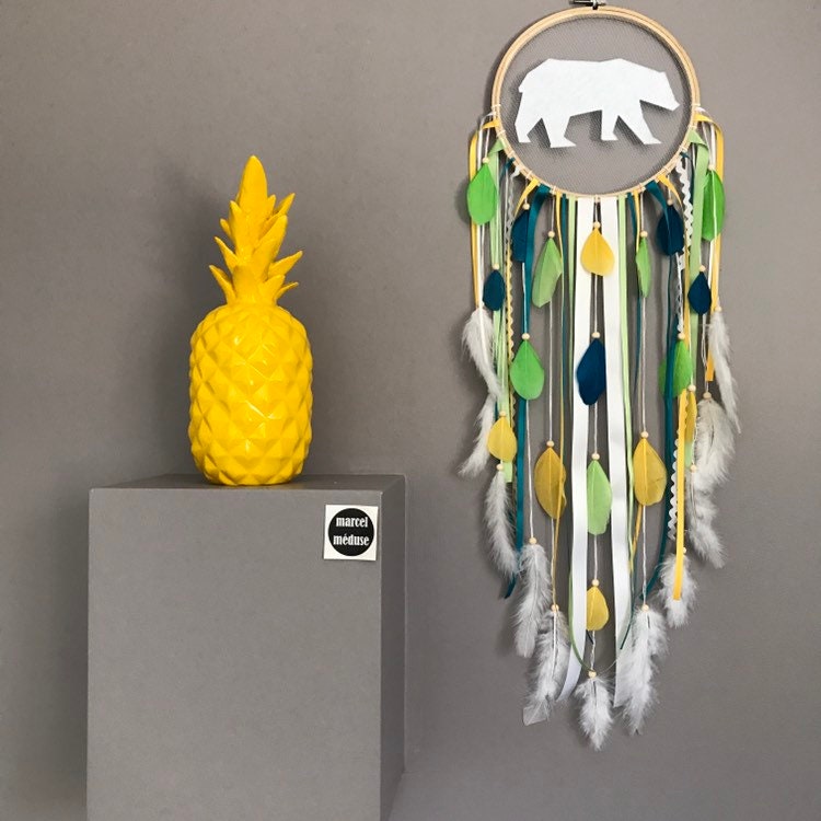 Attrape Reves Dreamcatcher Ours Polaire en Bleu Canard, Blanc, Jaune et Vert