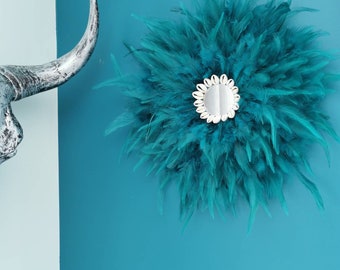 Jujuhat / juju hat handmade in feathers 35 cm in diameter with mirror center - teal green duck blue color