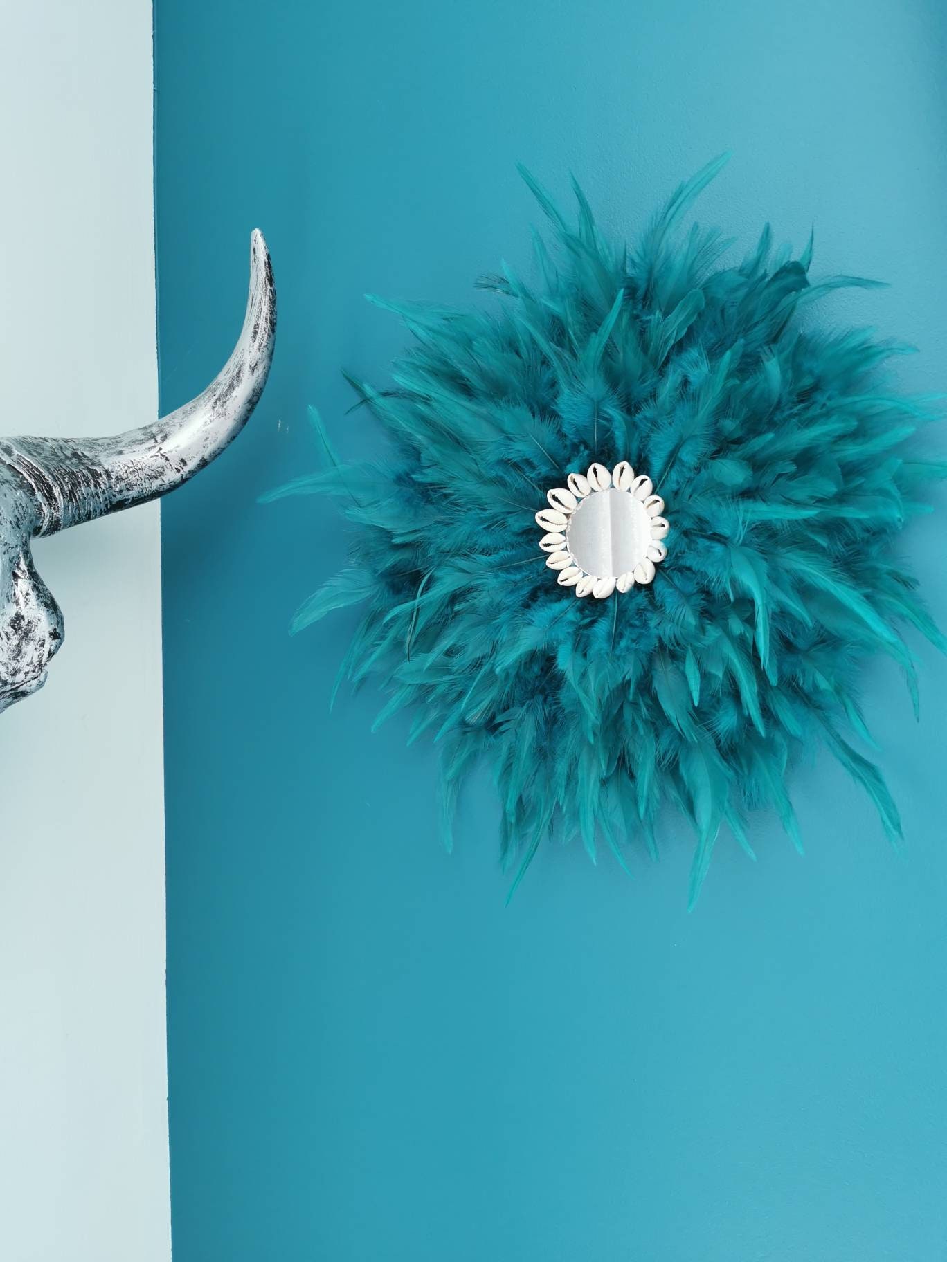 Jujuhat/Juju Hat Handmade en Plumes 35 cm de Diamètre avec Centre Miroir - Coloris Bleu Vert Canard 