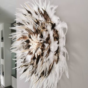 jujuhat / juju hat handmade in natural feathers and real shells 45 cm in diameter white, taupe and brown colours image 4