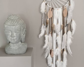 Attrape rêves Dreamcatcher tissage soleil, en coloris blanc, beige et taupe