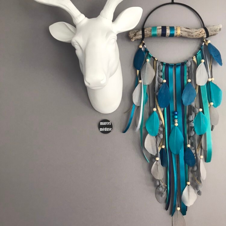 Attrape-Rêves en Bois Flotté Bleu Canard, Vert, Gris et Noir