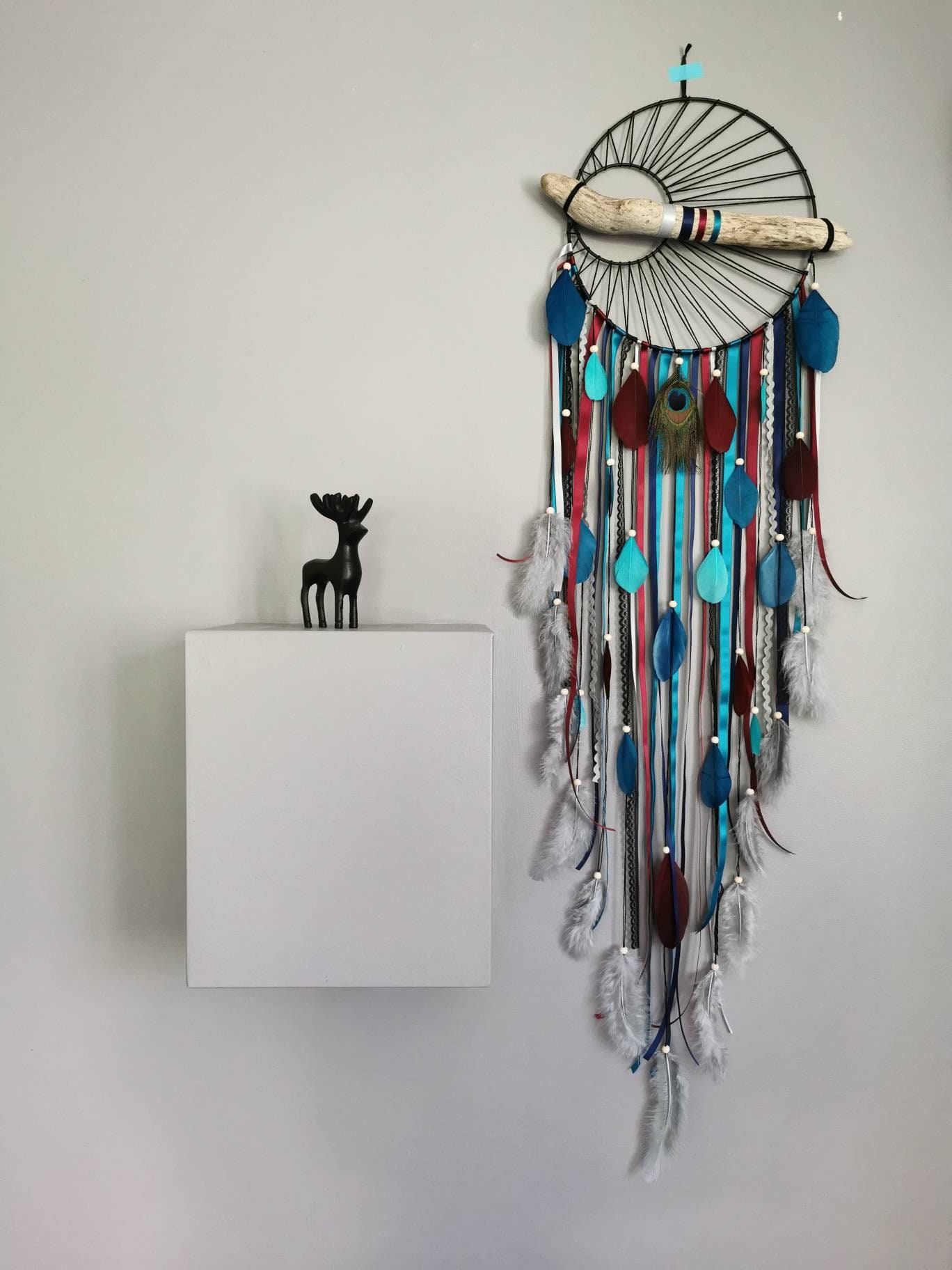 Dreamcatcher Attrape-Rêves avec Tissage Soleil et Bois Flotté Coloris Bleu Marine, Canard, Bordeaux 