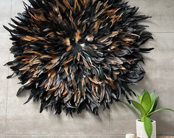 Size XXL jujuhat / juju hat handmade in natural feathers 85 cm in diameter - fawn and black colors