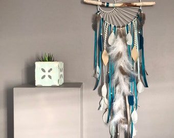 Attrape rêves dreamcatcher tissage soleil et bois flotté en bleu canard, moutarde et bleu marine