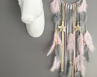 Dreamcatcher dreamcatcher driftwood in shades of gray, mint, powder pink and gold with stars - dreamcatcher