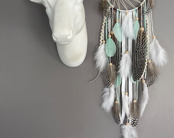 Attrape-rêves Dream catcher tissage soleil en beige, blanc et taupe et vert mint