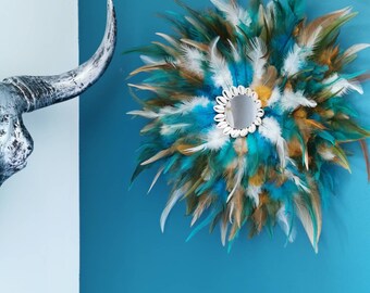 Jujuhat / juju hat handmade in feathers 35 cm in diameter with mirror center - color blue duck green ecru brown