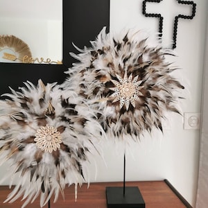 jujuhat / juju hat handmade in natural feathers and real shells 45 cm in diameter white, taupe and brown colours image 3