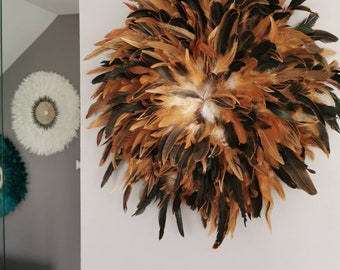 Jujuhat / juju hat handmade in natural feathers 50 cm in diameter - fawn and brown colors