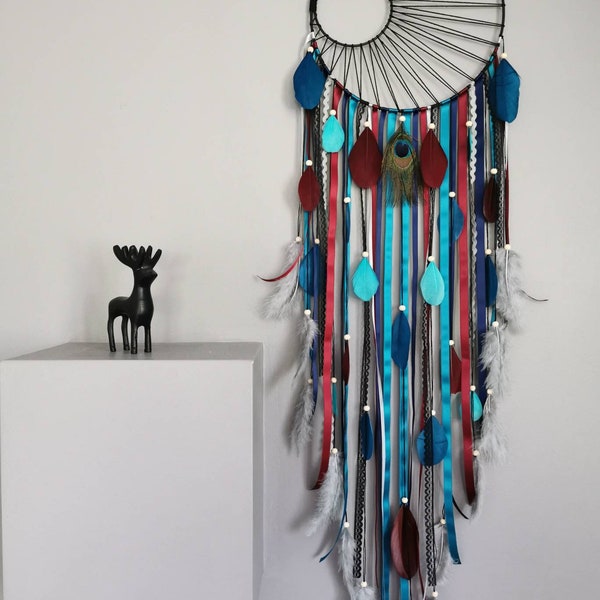 Dreamcatcher Attrape-rêves avec tissage soleil coloris bleu marine, bleu canard, bordeaux et gris