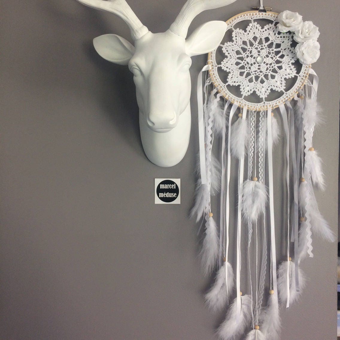 Attrape Rêves/Dreamcatcher Attrapeur de en Dentelle, Plumes et Perles Bois