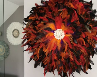 GIANT jujuhat / juju hat handmade in natural feathers 60/62 cm in diameter - orange-red color with shell center