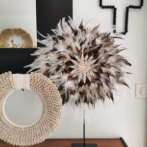 jujuhat / juju hat handmade in natural feathers and real shells 45 cm in diameter white, taupe and brown colours image 10