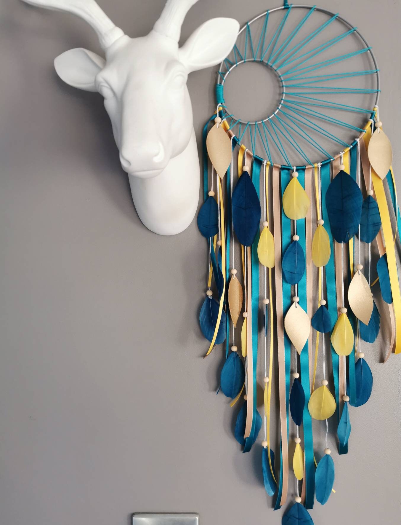 Attrape Reves Dreamcatcher Tissage Bleu Canard en Canard, Beige Mokka et Jaune Moutarde