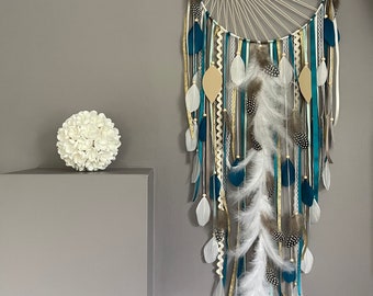 Grand Attrape rêves dreamcatcher tissage soleil en bleu canard, taupe, blanc et doré - Diamètre 30cm