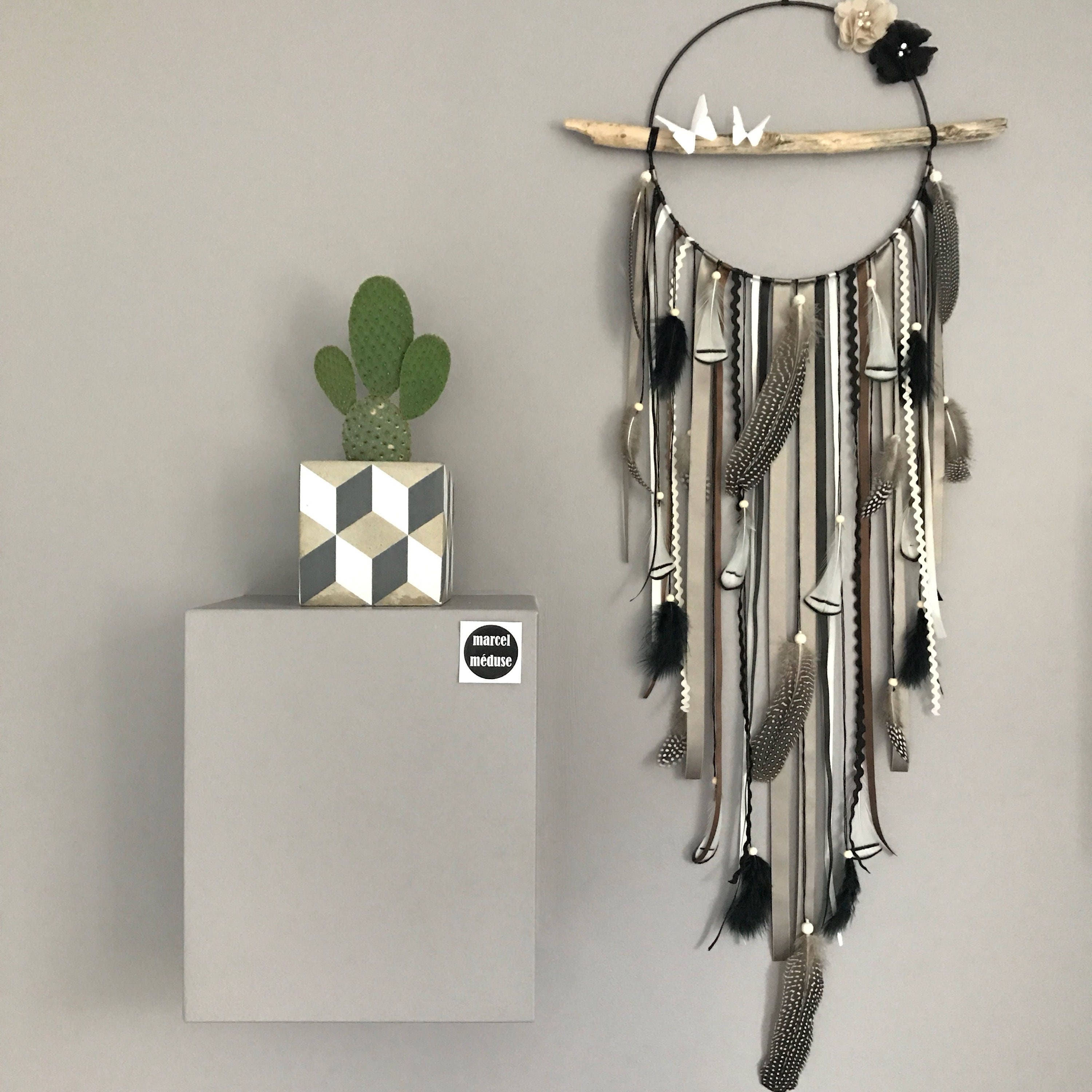 Attrape Rêves/Dreamcatcher Attrapeur de en Bois Flotté, Plumes Naturelles et Perles Bois