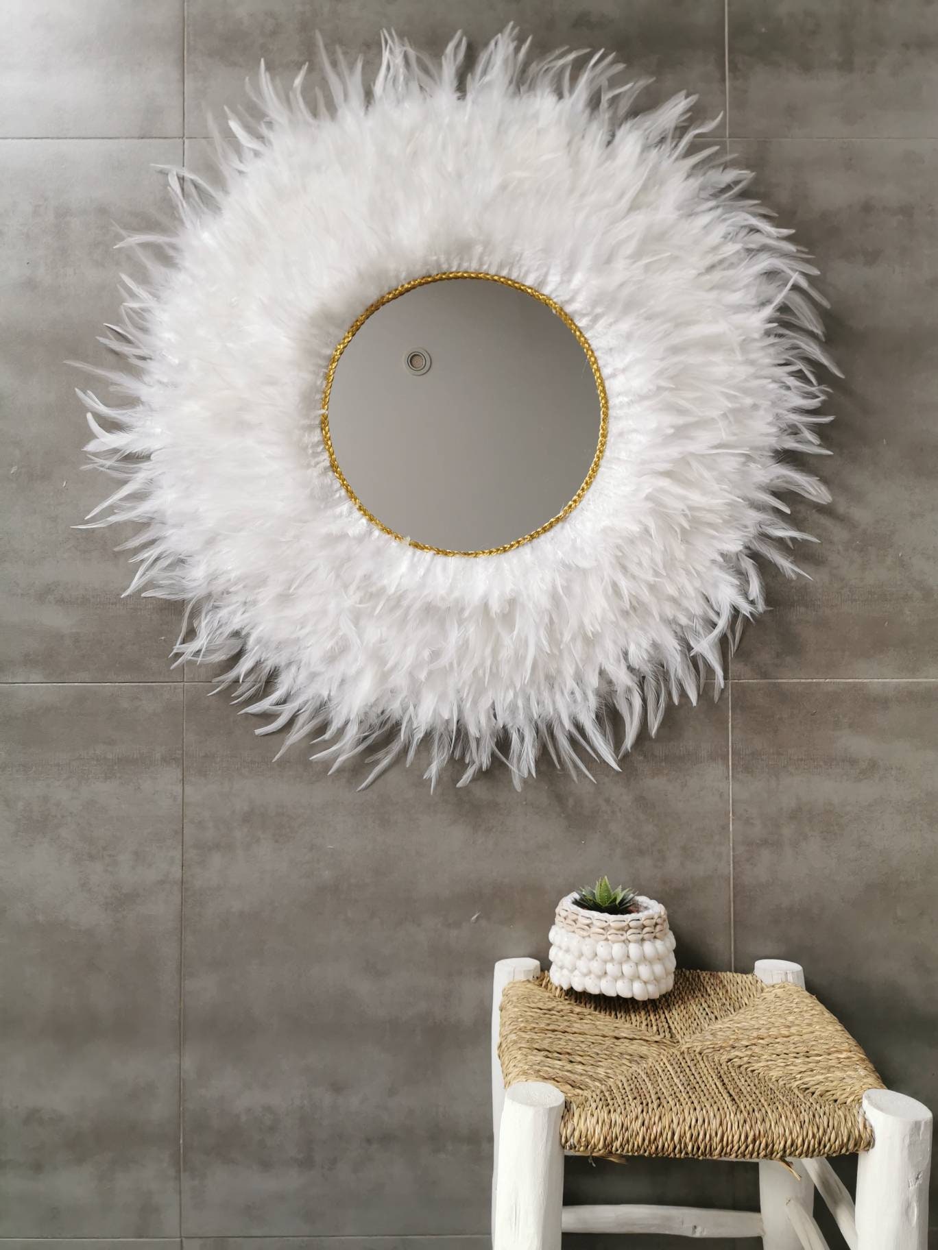 Taille Xxl Jujuhat/Juju Hat Miroir Handmade en Plumes Naturelles 75 cm de Diamètre - Coloris Blanc 3