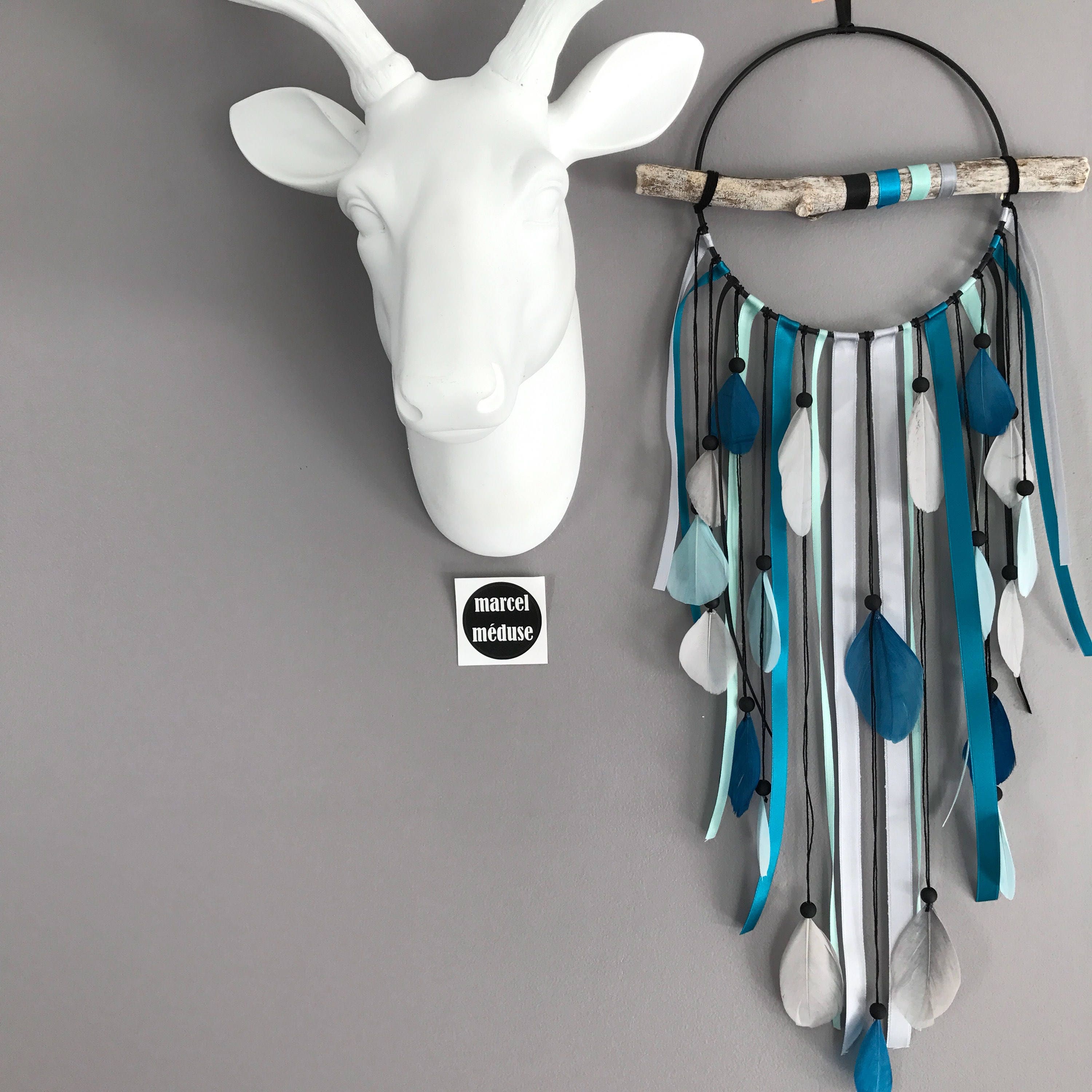 Attrape Rêves Dreamcatcher en Bois Flotté Gris, Bleu et Mint