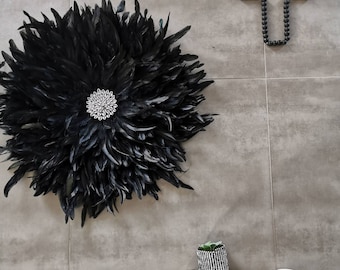 GIANT jujuhat / juju hat handmade in natural feathers 60 cm in diameter - black color with silver cawries center