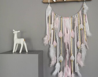 Catch dream catcher dreams in driftwood, powder pink, white and gold with butterflies and roses