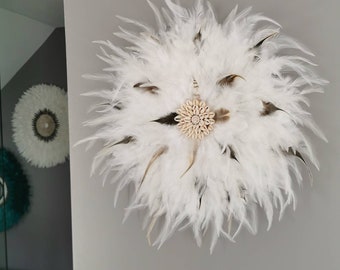 jujuhat / juju hat handmade in natural feathers and real shells 45 cm in diameter - pure white color and real fawn feathers