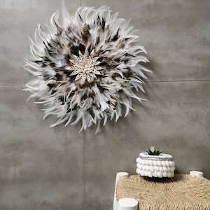 jujuhat / juju hat handmade in natural feathers and real shells 45 cm in diameter white, taupe and brown colours image 1