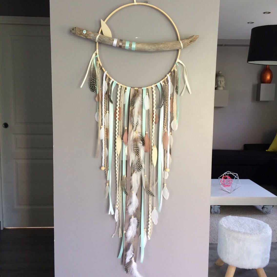 Attrape Rêves/Dreamcatcher Attrapeur de Géant en Bois Flotté, Tons Verts d'eau et Beige Taupe