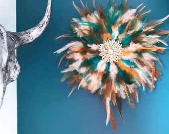 jujuhat / juju hat handmade en plumes naturelles 35 cm de diamètre - coloris tons beige, orangé, marron