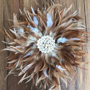 Jujuhat / juju hat handmade in natural feathers 35 cm in diameter fawn and white colors image 6