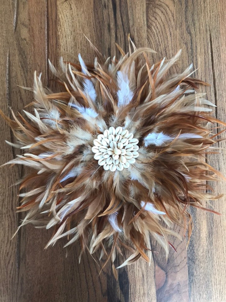 Jujuhat / juju hat handmade in natural feathers 35 cm in diameter fawn and white colors image 6