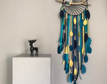 Catch dreams dreamcatcher weaving black sun and driftwood in duck blue, mustard and navy blue