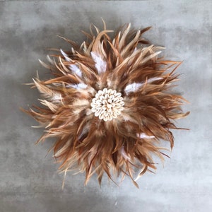 Jujuhat / juju hat handmade in natural feathers 35 cm in diameter fawn and white colors image 8