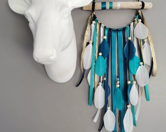 Driftwood dream catcher in duck blue, turquoise, navy and white - dreamcatcher