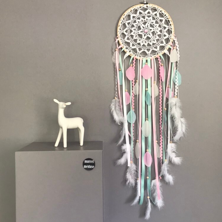 Attrape-Reves en Dentelle, Perles Bois Blanc, Rose Poudré et Mint