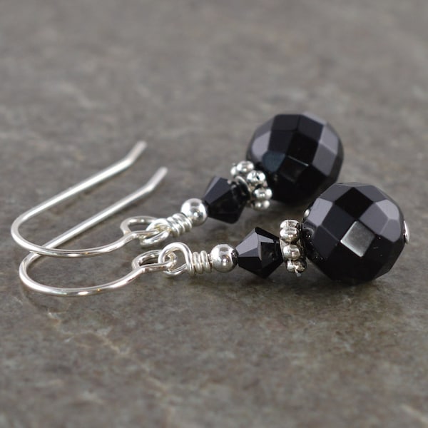Faceted Black Onyx Gemstone, Jet Crystal & Sterling Silver Drop Earrings with Gift Box