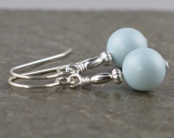 Light Pastel Blue Crystal Pearl Sterling Silver Hook Drop Earrings with Gift Box - Sw3