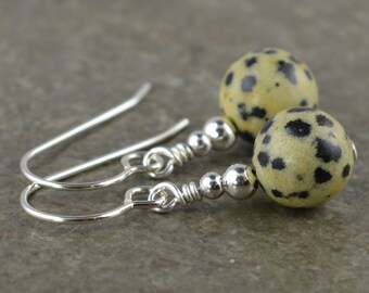 Dalmatian Jasper Natural Stone Gemstone & Sterling Silver Drop Earrings with Gift Box - LG6