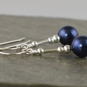 Simple Dark Navy Night Blue Crystal Pearl Sterling Silver Hook Drop Earrings with Gift Box - Bridesmaid, Prom - Sw4