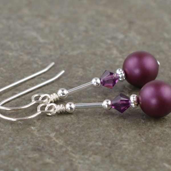 Elderberry Purple Swarovski Glass Pearl, Crystal & Sterling Silver Drop Earrings with Gift Box - Bridesmaid Prom