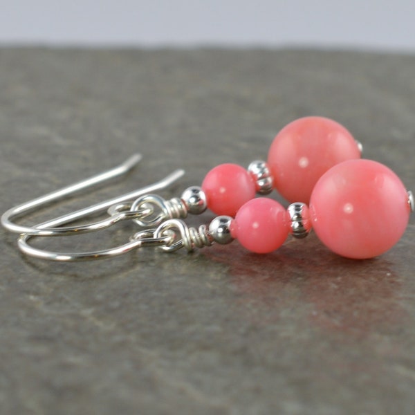 Natural Salmon Pink Coral Gemstones & Sterling Silver Drop Earrings with Gift Box