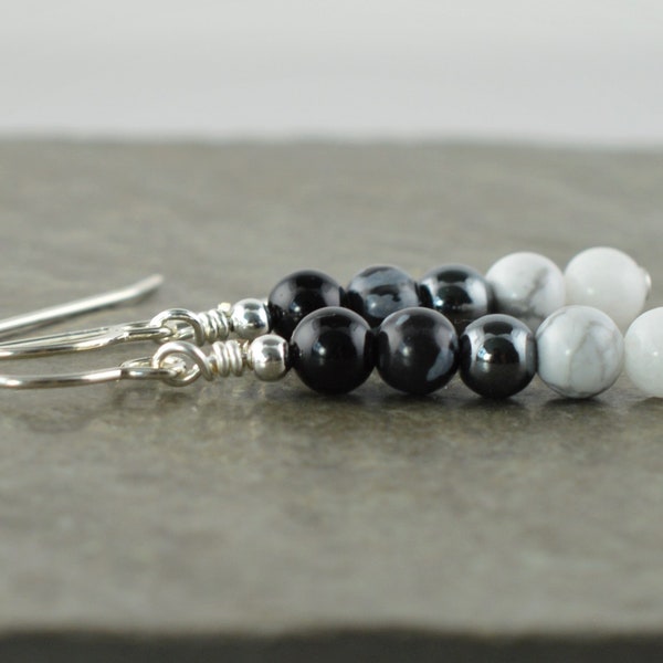 Onyx noir, obsidienne, hématite, howlite &white jade stone drop boucles d’oreilles - Ombre Monochrome Gemstone Sterling Silver Dangle Boucles d’oreilles LG1