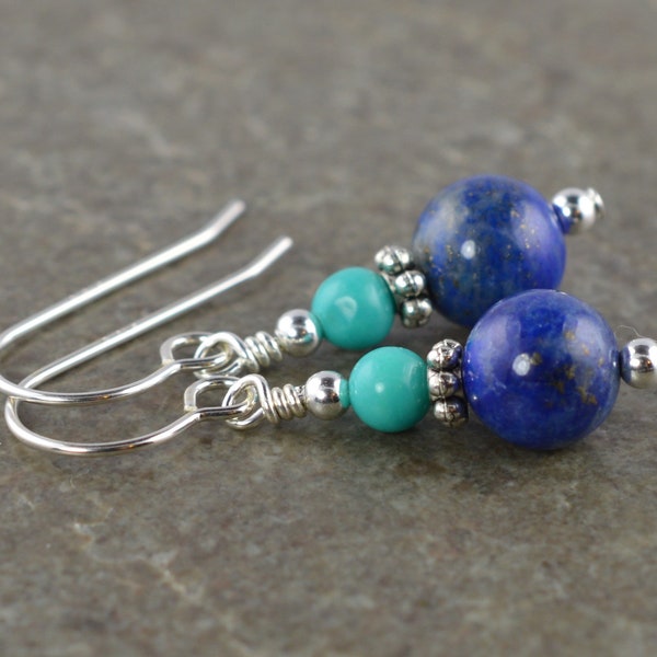 Blue Lapis Lazuli, Turquoise Gemstone & Sterling Silver Drop Earrings with Gift Box