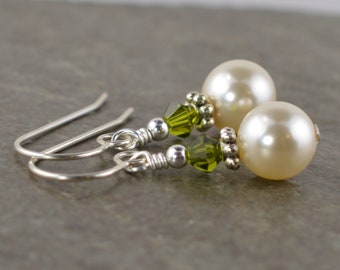 Cream Glass Pearl, Green Crystal & Sterling Silver Drop Earrings with Gift Box C1