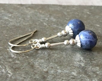 Blue Sodalite Gemstone & Sterling Silver Drop Earrings with Gift Box - LG9