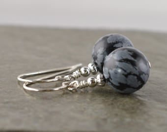 Large 10mm Snowflake Obsidian Gemstone & Sterling Silver Drop Earrings with Gift Box - LG4