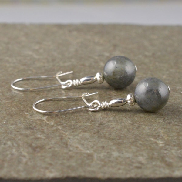 Grey Labradorite Natural Stone Gemstone & Sterling Silver Drop Earrings - Kidney Wire - Gift Box