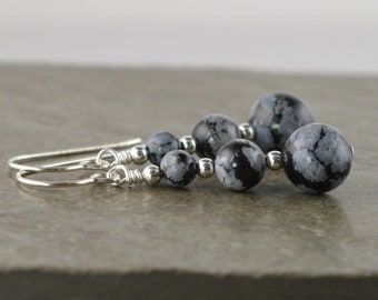 Black & Grey Graduated Snowflake Obsidian Gemstone Sterling Silver Hook Drop Earrings with Gift Box - LG5