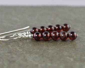 Simple Dark Red Garnet Gemstone Sterling Silver Hook Drop Earrings with Gift Box - January Birthstone - LG1