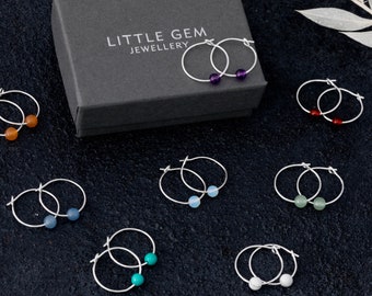 Tiny 15mm Sterling Silver Hoop Earrings Semi-Precious Gemstones - Boho Jewellery, Gift Box, Handmade